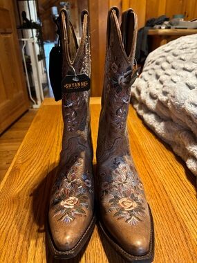 Shyanne Brown Leather Lace-Up Western Boots with Floral Embroidery